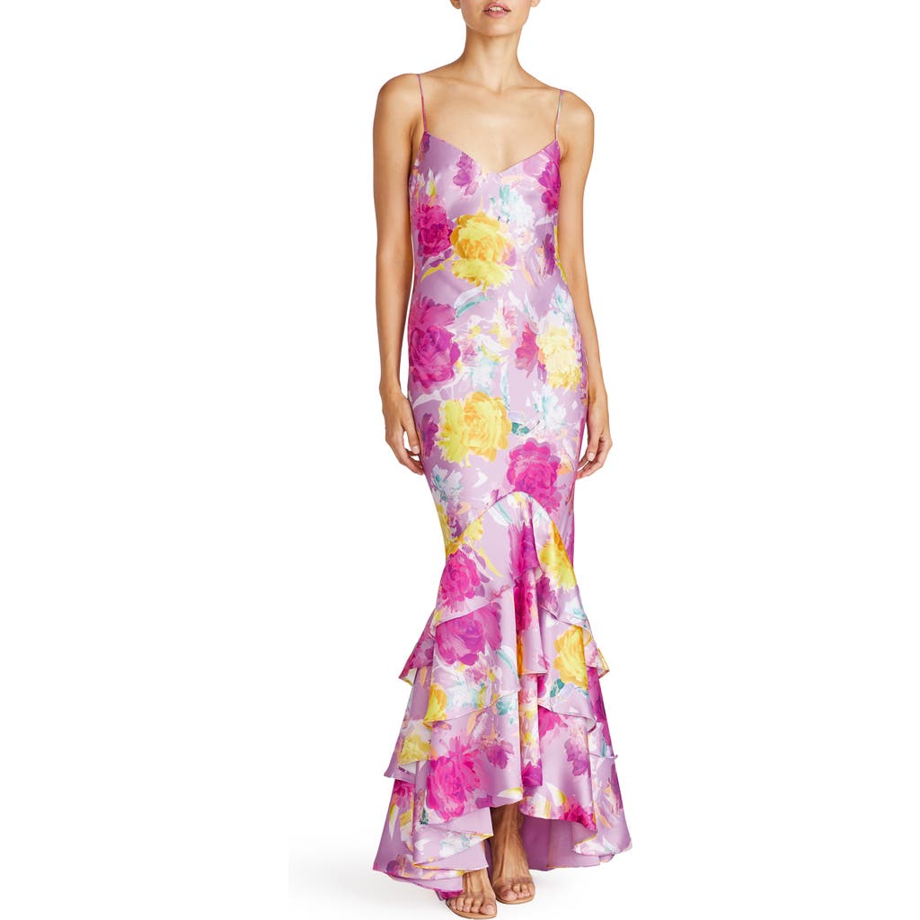 ml Monique Lhuillier Seraphine Satin Maxi Dress In Blooming Peonies