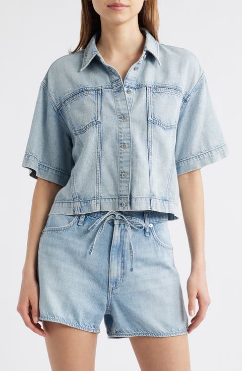★ ★ Women's Statement Crop Denim Shirt 47AB726 Women+ Crop Denim Shirt in Medium Wash from Joe Fresh