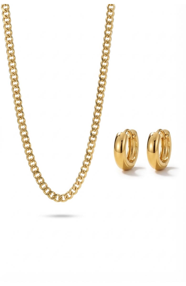 Joey Baby Cuban Link Chain 18K Gold Plated Necklace And Huggie Earring Set, Main, color, Metallic Gold