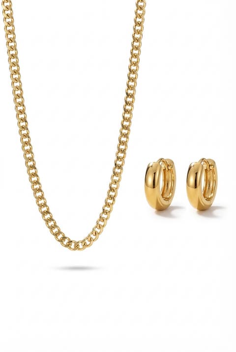 Cuban Link Chain 18K Gold Plated Necklace And Huggie Earring Set