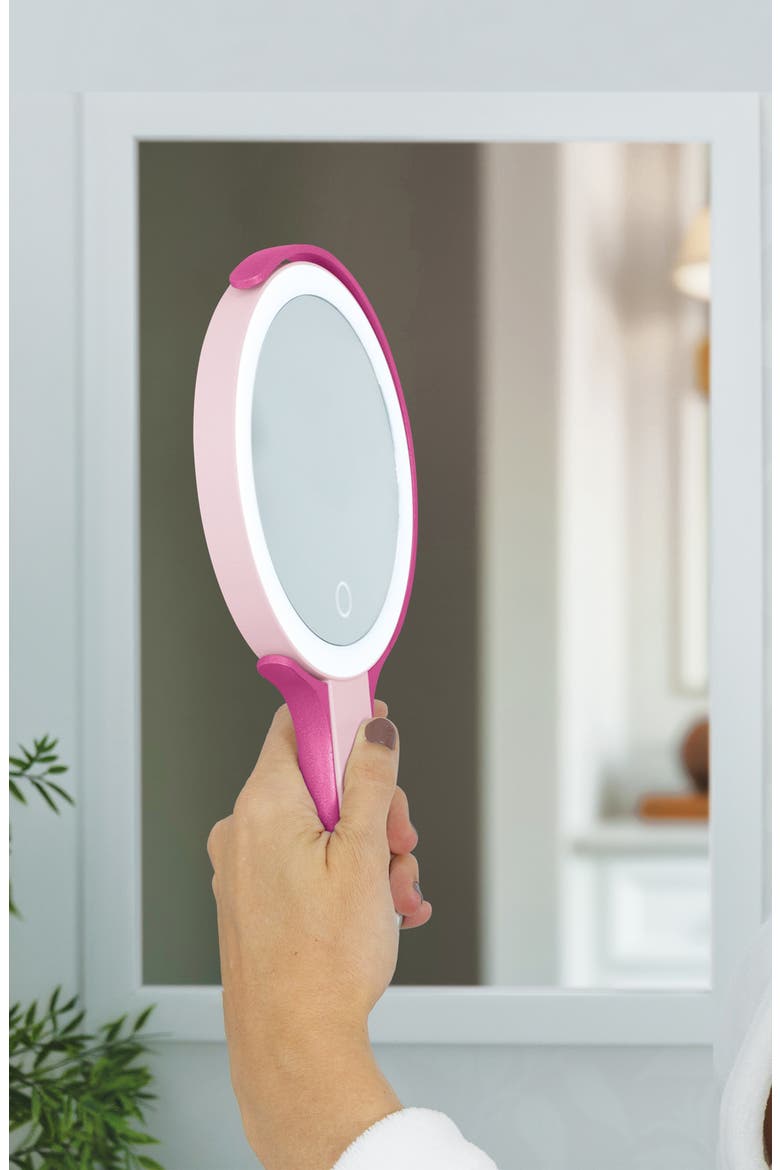 Multi-Position Lighted Travel Hand Mirror with 10X/1X Magnification, Alternate, color, Pink/Pink