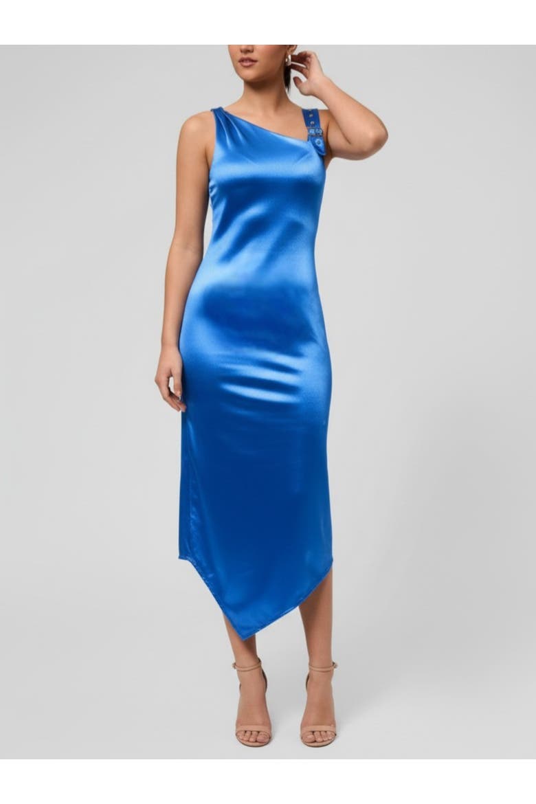 Nerida Asymmetrical Neck Midi Dress, Main, color, Bright Blue