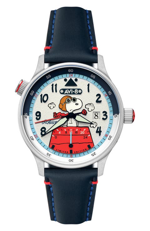 x Peanuts™ Hawker Hurricane McKellar Snoopy Flying Ace Dual Time Leather Strap Watch, 43.5mm