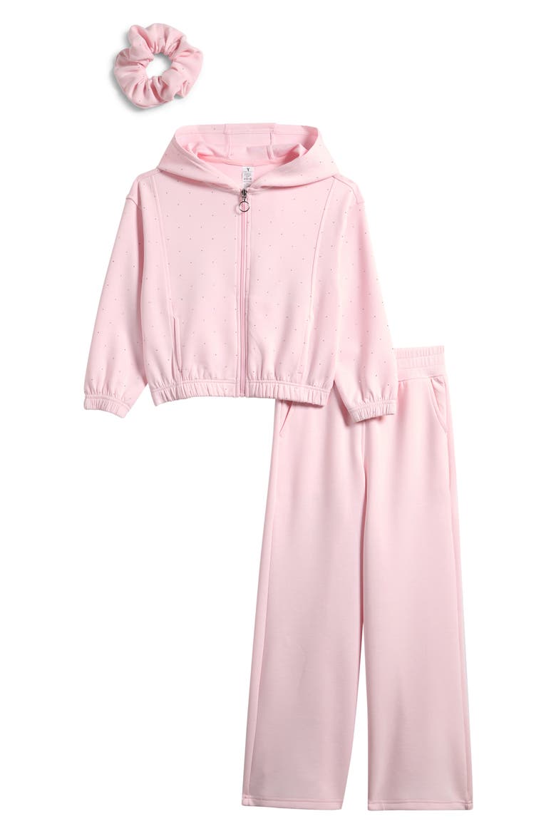 Kids' Rhinestone Zip-Up Hoodie, Flare Sweatpants & Scrunchie Set, Main, color, CHERRY BLOSSOM