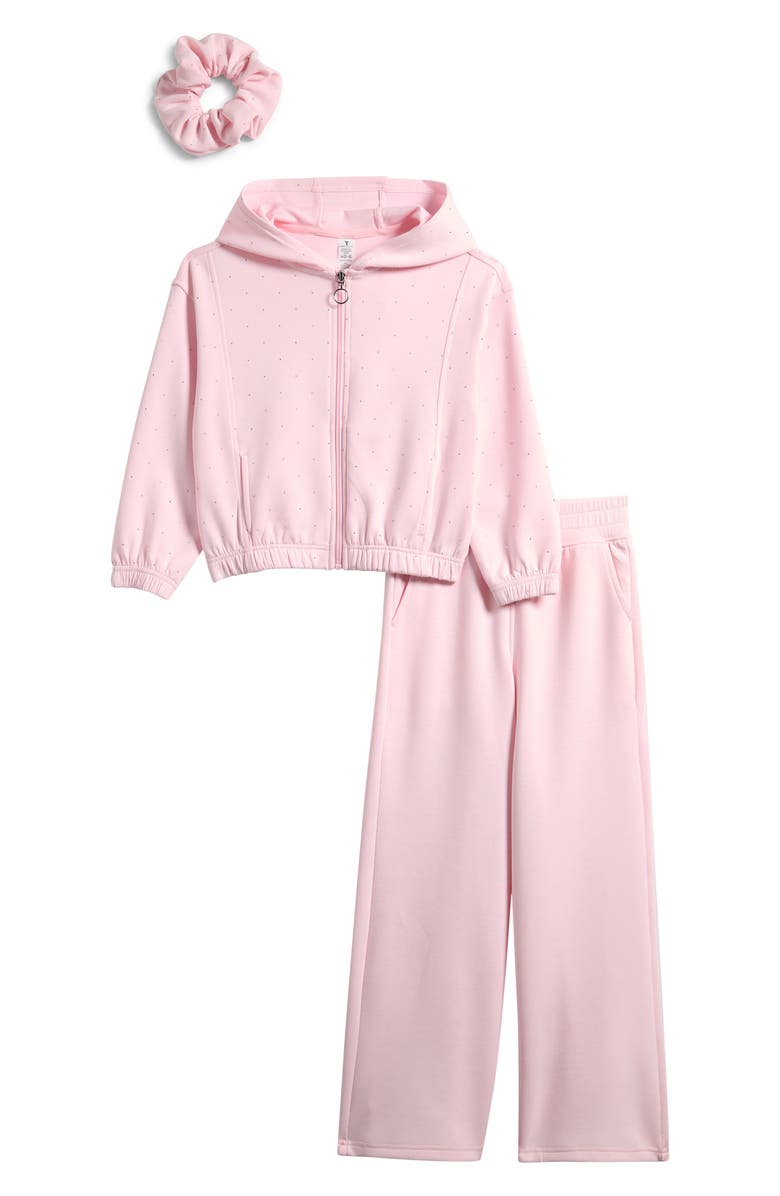 YOGALICIOUS Kids' Rhinestone Zip-Up Hoodie, Flare Sweatpants & Scrunchie Set, Main, color, Cherry Blossom