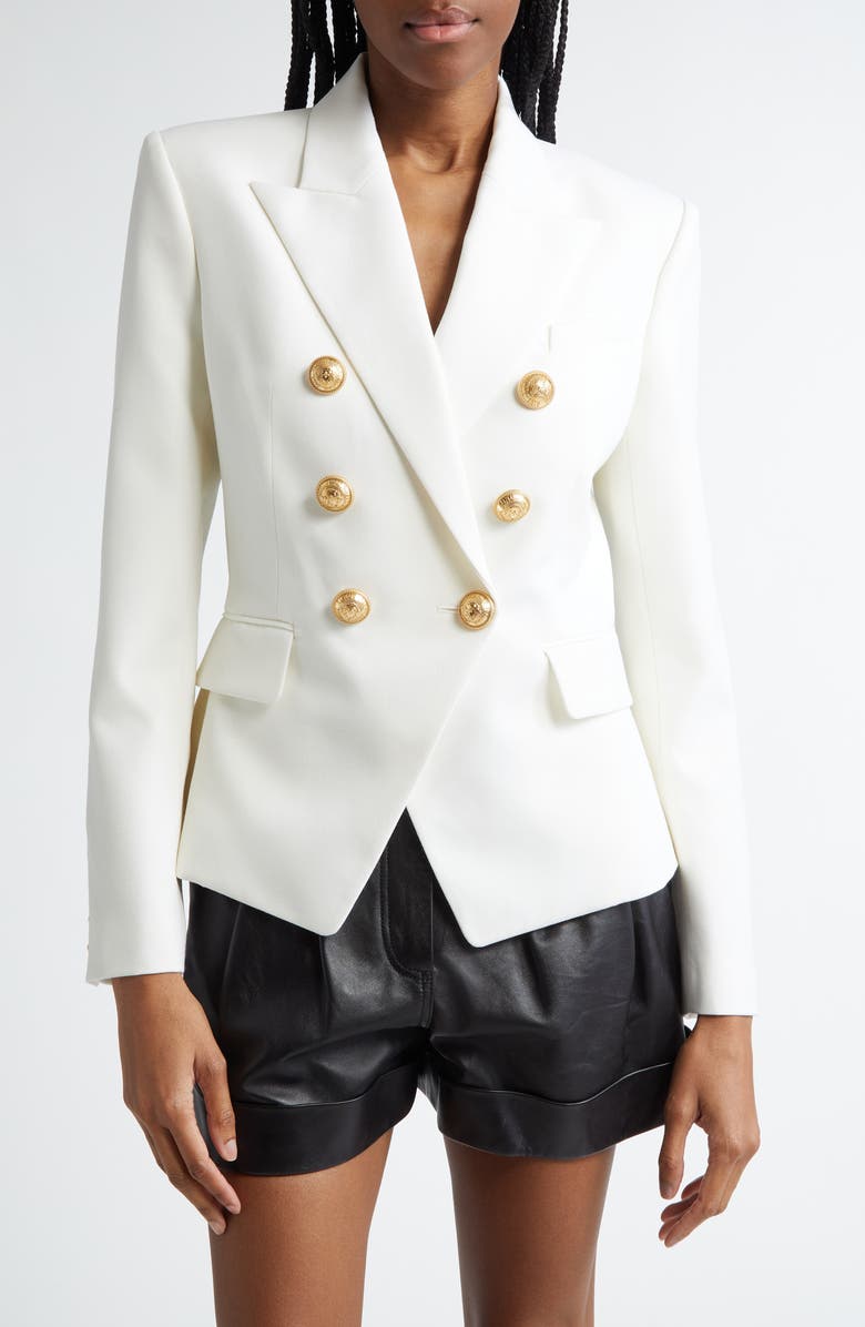 Balmain Double Breasted Wool Grain de Poudre Blazer, Main, color, 