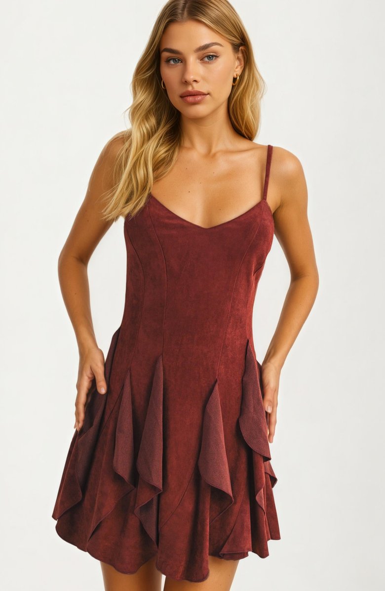 Knit and Lounge Cascading Ruffle Hem Strappy Mini Dress, Alternate, color, Burgundy