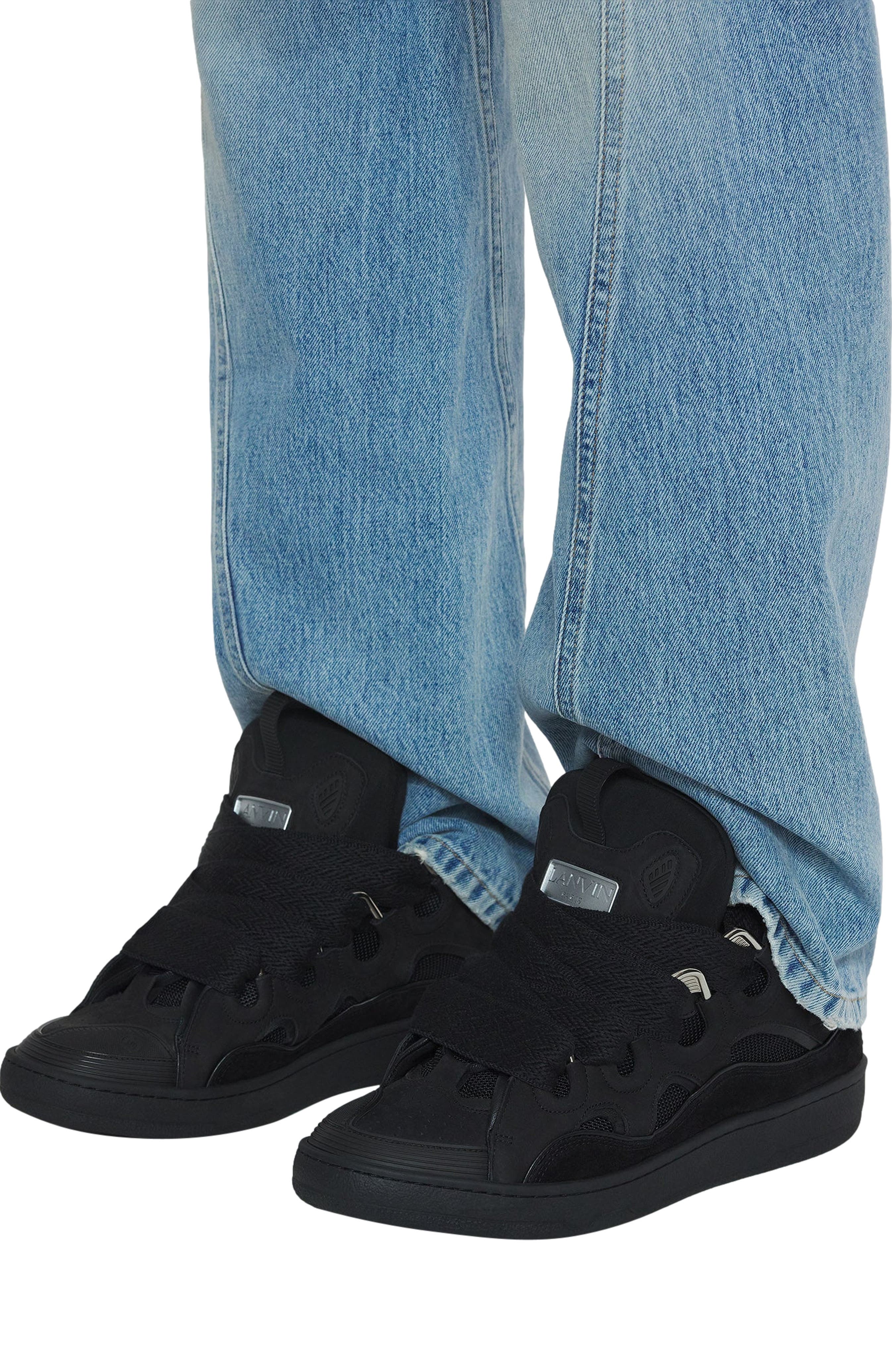 Lanvin Leather Curb Sneakers, Alternate, color, Black-Black