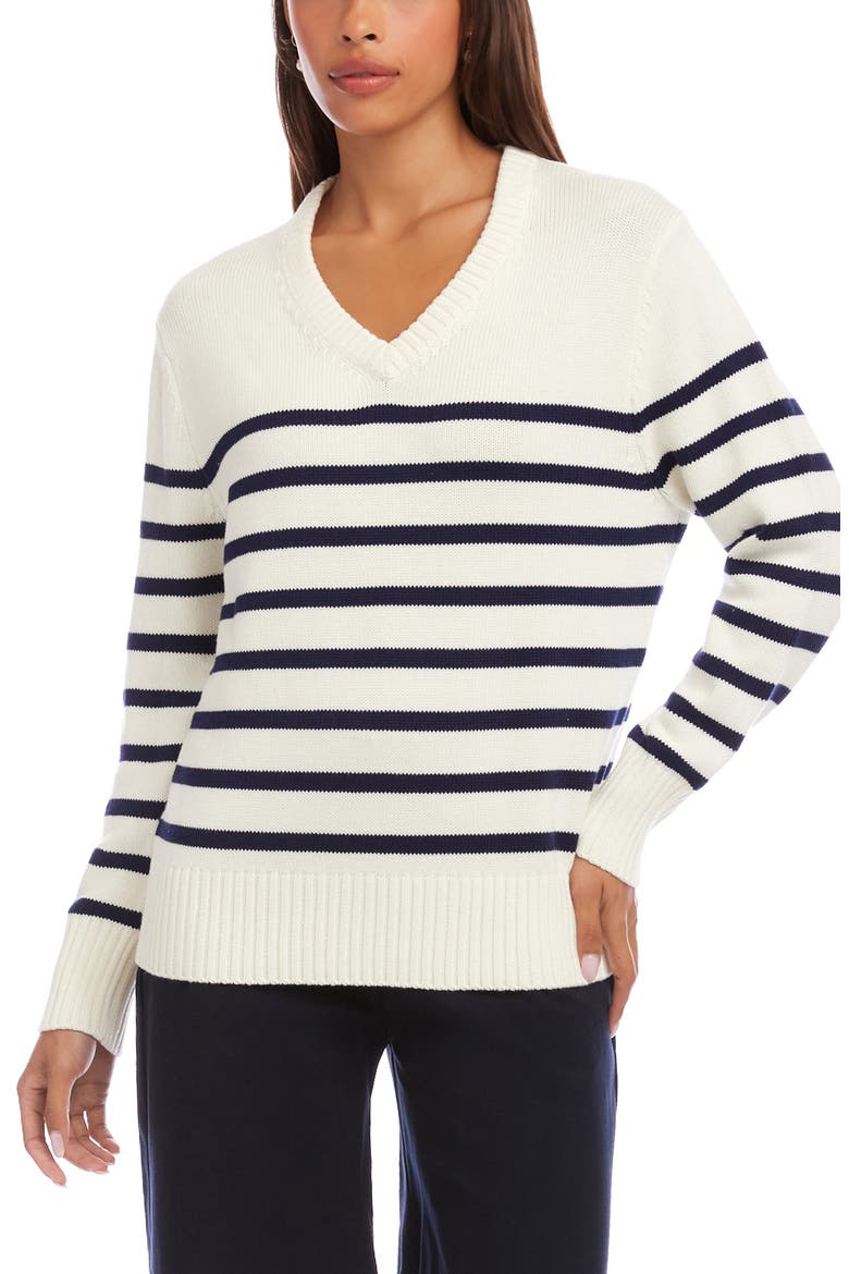 Stripe V-Neck Sweater, Main, color, WHITE/NAVY
