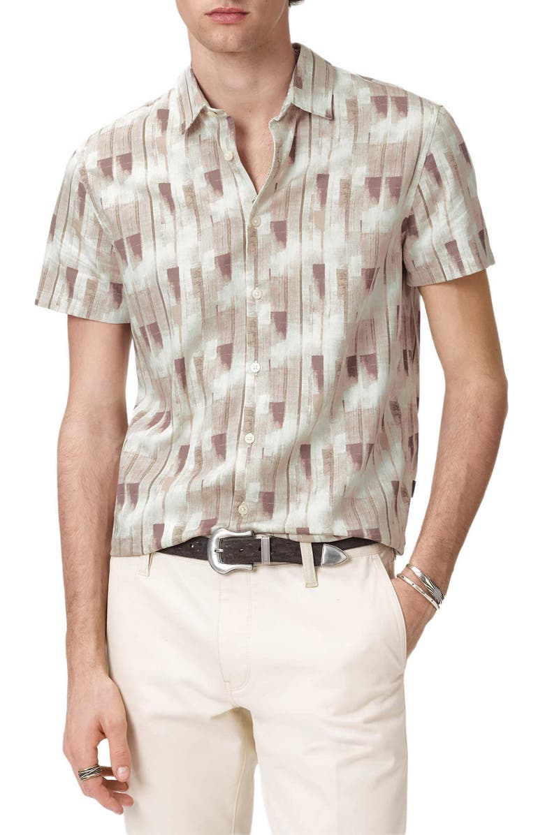 John Varvatos Sean Stripe Cotton Short Sleeve Button-Up Shirt, Main, color, Light Khaki