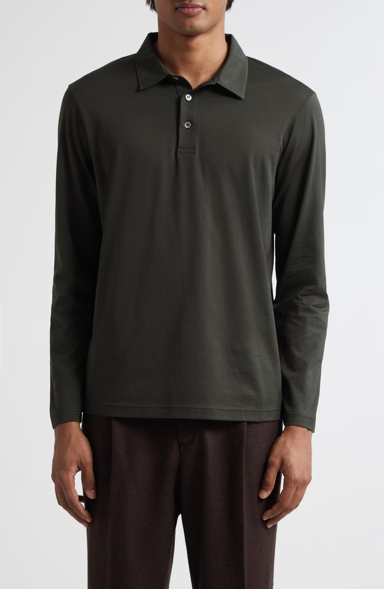 Sunspel Long Sleeve Supima<sup>®</sup> Cotton Polo, Main, color, Dark Green