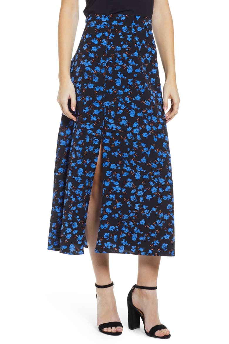 Prima Floral Print Midi Skirt, Main, color, BLUE MULTI FLORAL