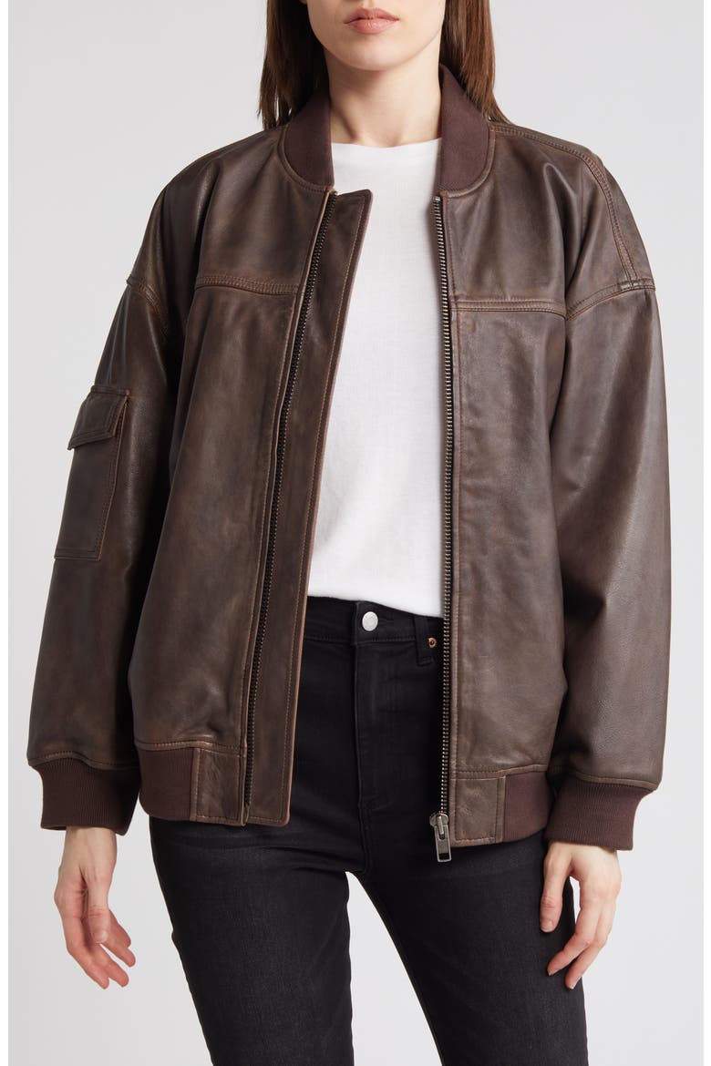 Leather Bomber Jacket, Main, color, BROWN SOIL
