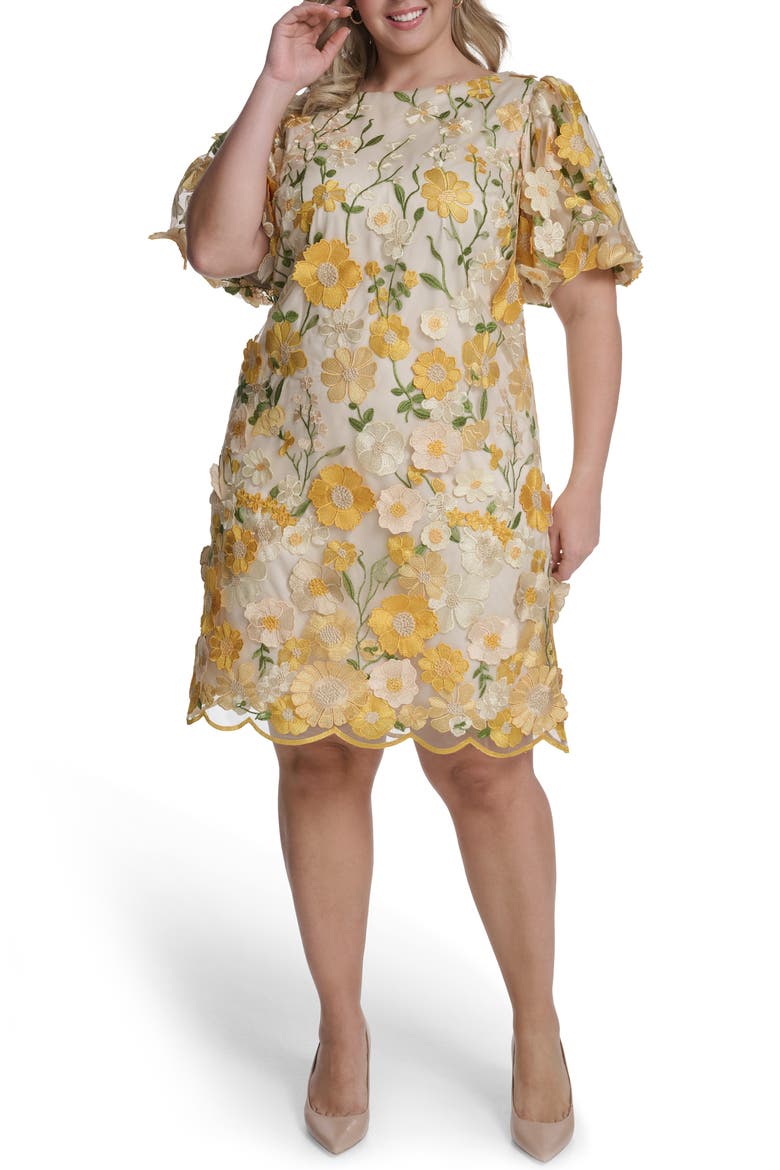 Embroidered Floral Appliqué Cocktail Dress, Main, color, LEMON MULTI