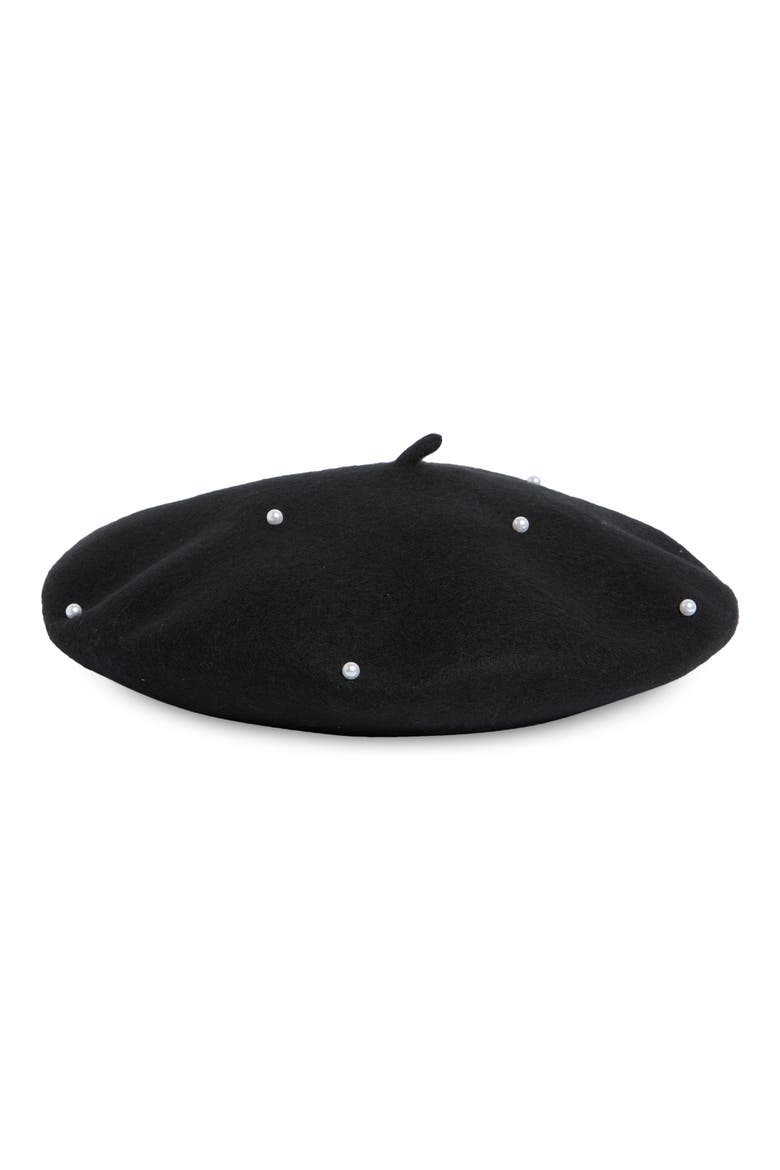 Imitation Pearl Wool Blend Beret, Alternate, color, BLACK