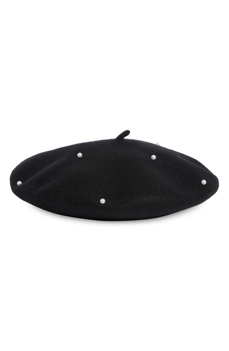 Tasha Imitation Pearl Wool Blend Beret, Alternate, color, Black
