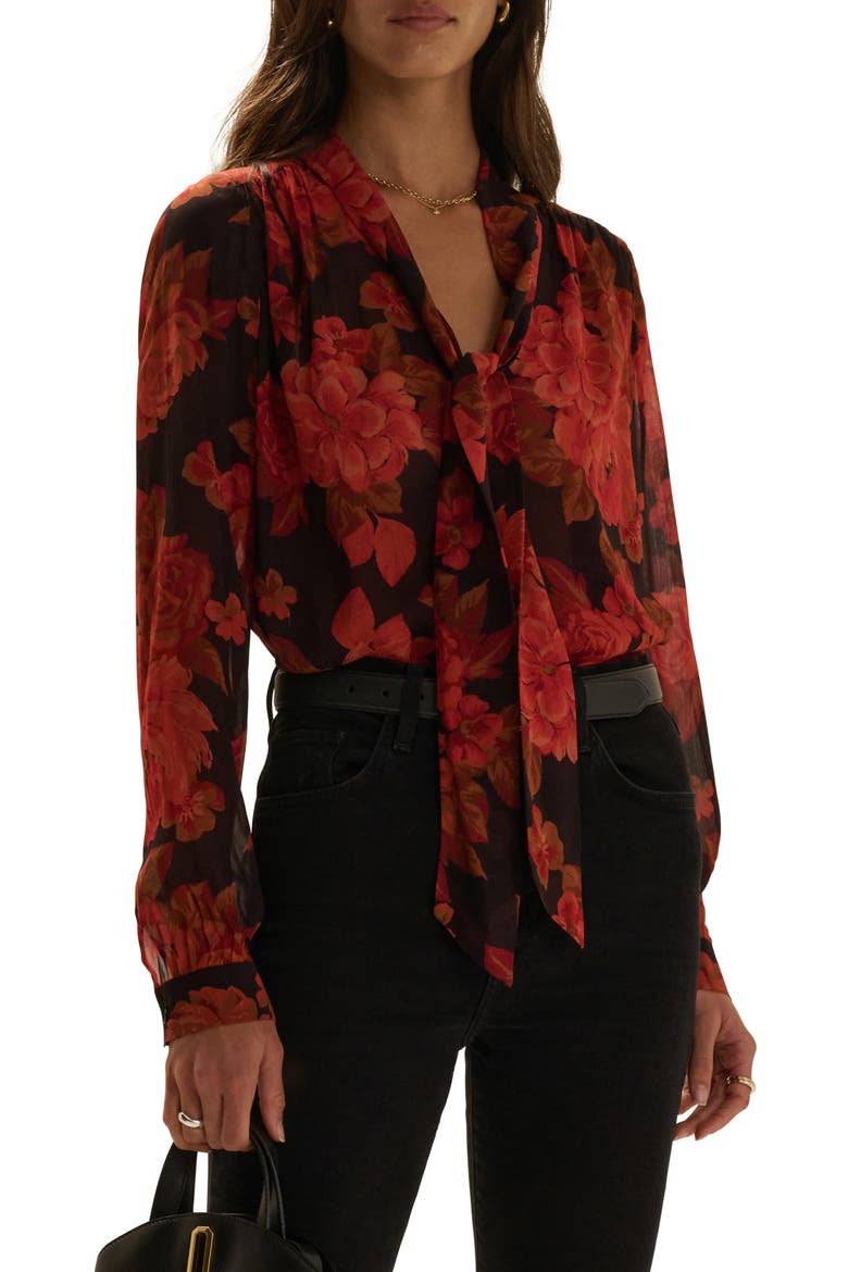 The Simone Floral Tie Neck Top, Alternate, color, WINE FLORAL