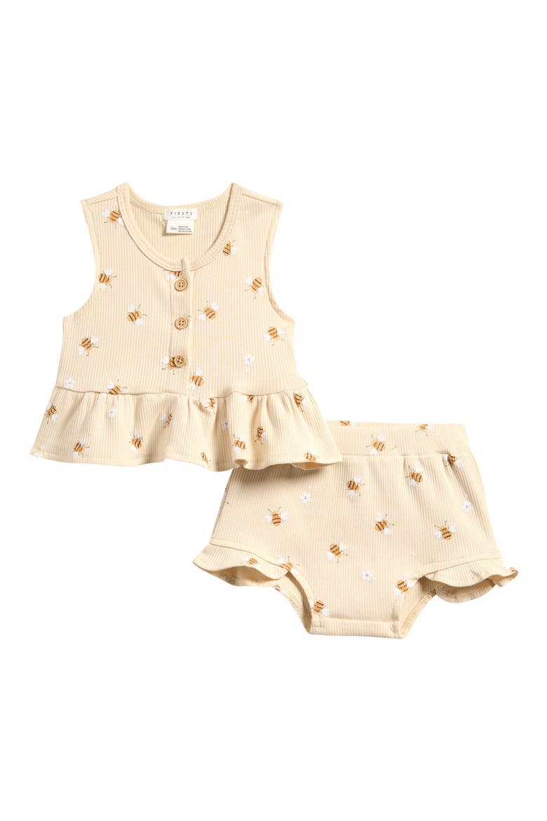 Bees Print Rib Peplum Top & Bloomers Set, Main, color, BEIGE