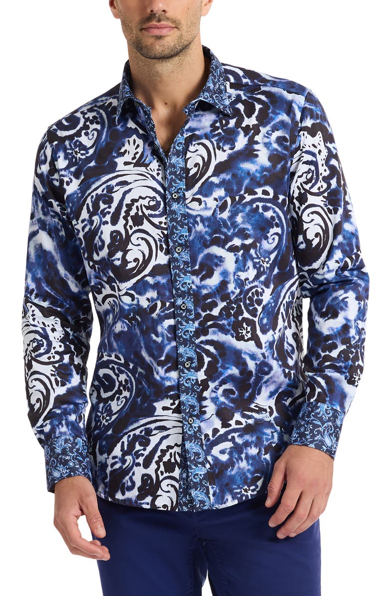 Robert Graham Potter Long Sleeve Cotton Button-Up Shirt, Main, color, Navy