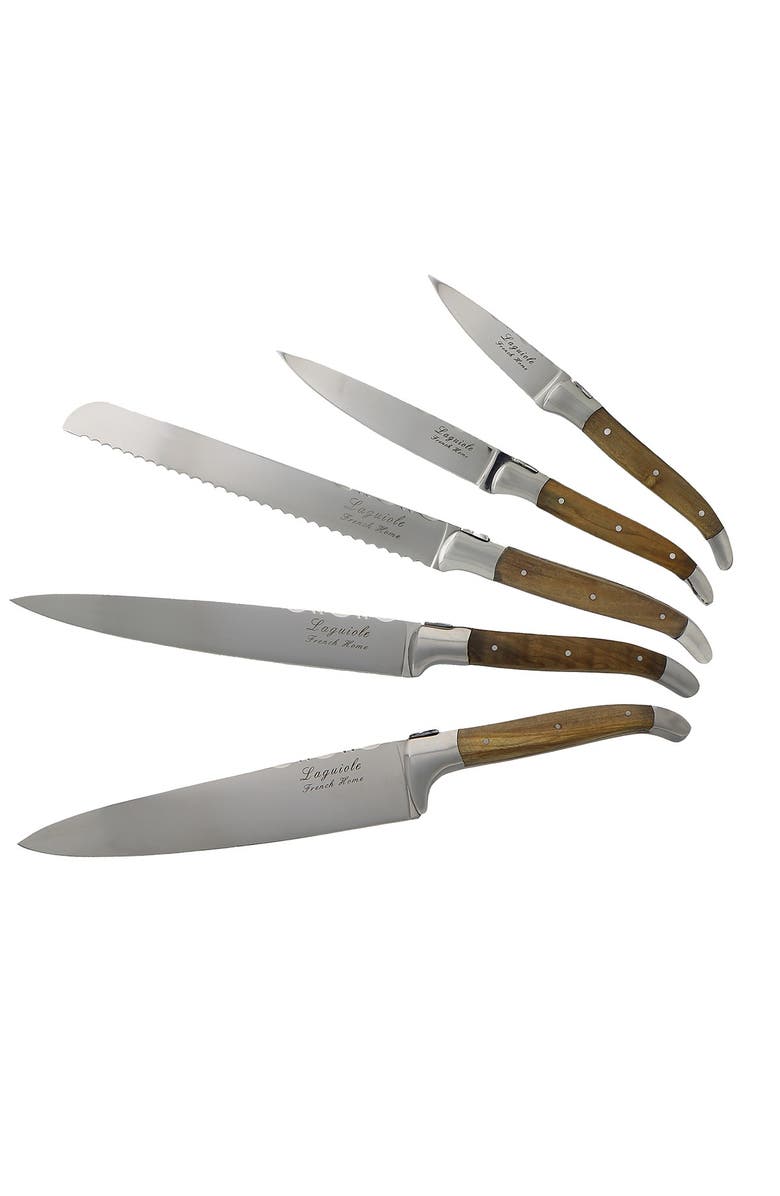 FRENCH HOME Laguiole Connoisseur Olivewood 6-Piece Kitchen Knife Set plus Magnetic Display, Alternate, color, Olivewood And Silver