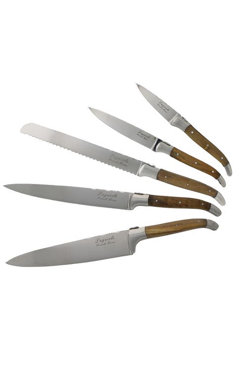 French Home Laguiole Connoisseur Olivewood 6-piece Kitchen Knife Set Plus Magnetic Display In Olivewood And Silver