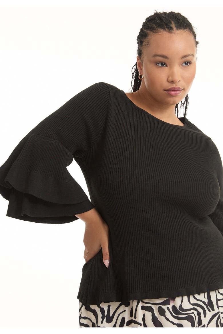 Ruffled Long Sleeve Sweater, Alternate, color, BLACK