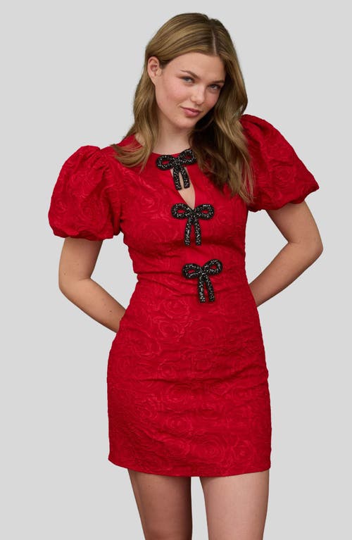 Blu Pepper Floral Jacquard Puff Sleeve Minidress In Red