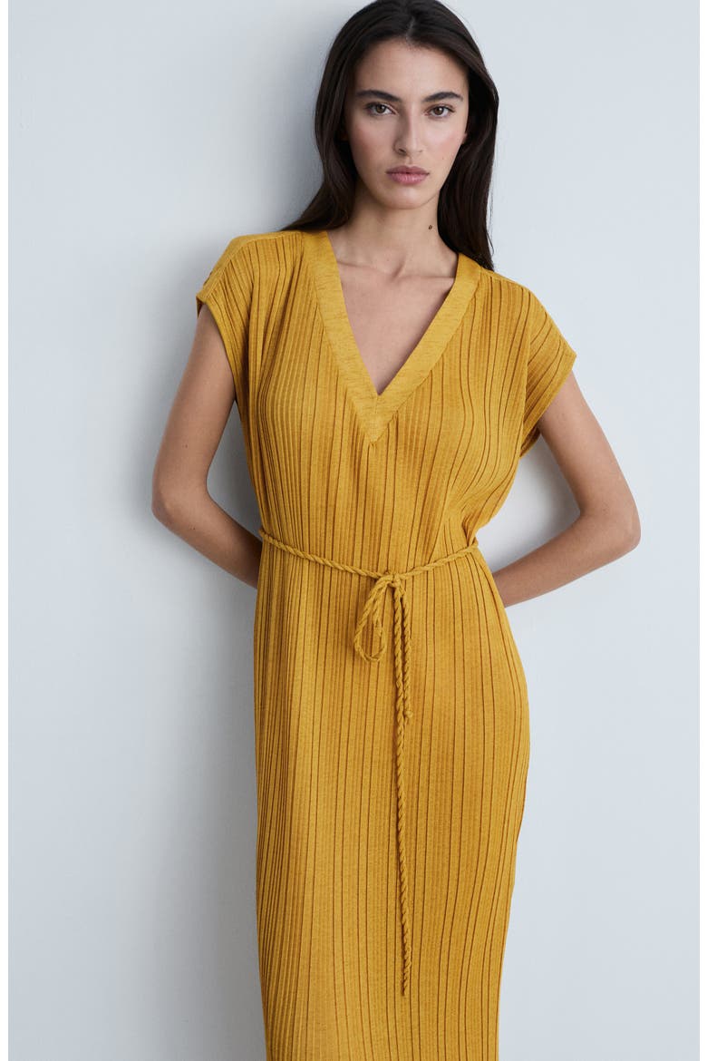 Pleated Belted Midi Dress, Alternate, color, MUSTARD