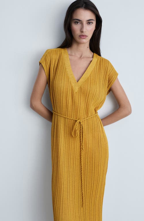 Shop Mango Pleated Belted Midi Dress In Mustard