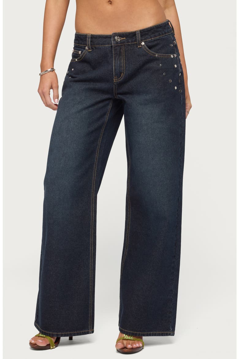 Spiral Studded Low Rise Baggy Jeans, Main, color, DARK-BLUE-WASHED
