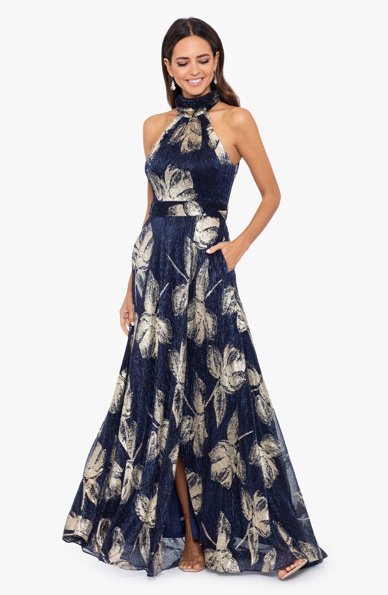 Betsy & Adam Foil Print Sleeveless Gown, Alternate, color, Navy/ Gold