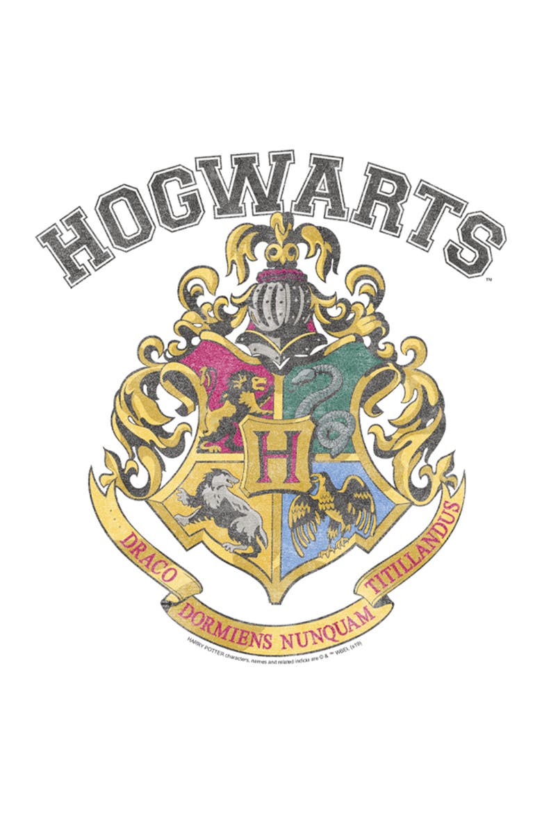 Men's Distressed Collegiate Hogwarts Crest Short Sleeve Graphic T-Shirt, Alternate, color, White