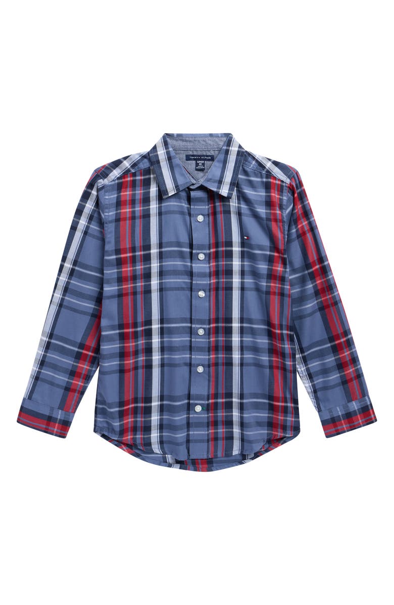 Tommy Hilfiger Kids' Plaid Button-Up Shirt, Main, color, Brisk Blue