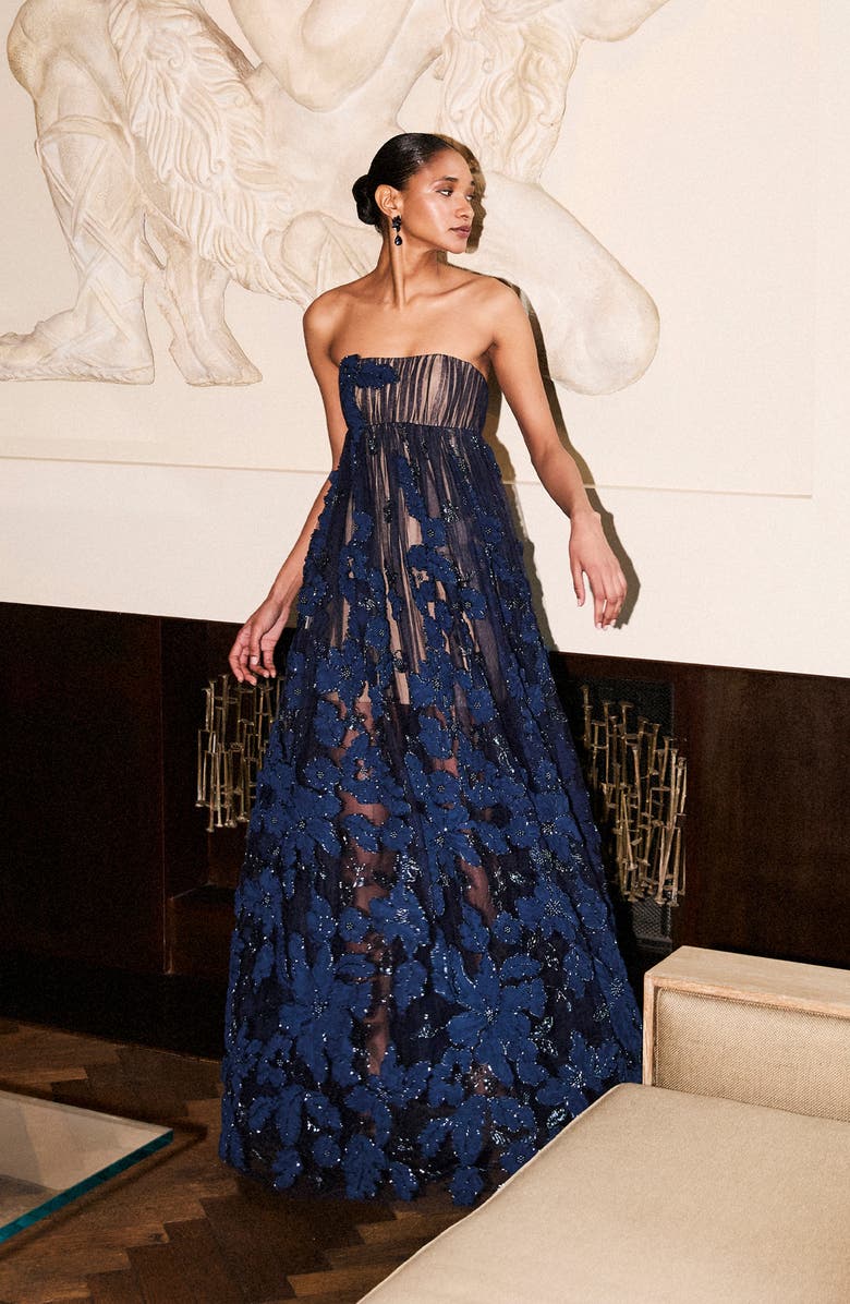 HELSI Beatrice Strapless 3D Embellished Floral Sheer Gown, Alternate, color, Midnight Blue