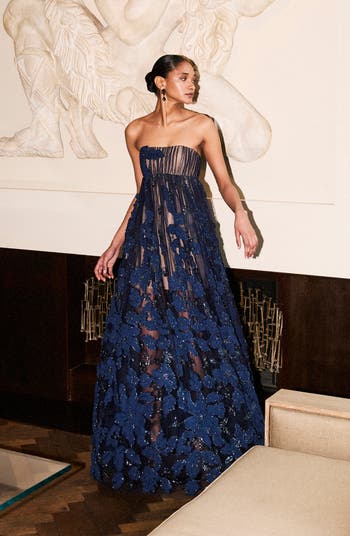 Beatrice Strapless 3D Embellished Floral Sheer Gown Beatrice Strapless 3D Embellished Floral Sheer Gown