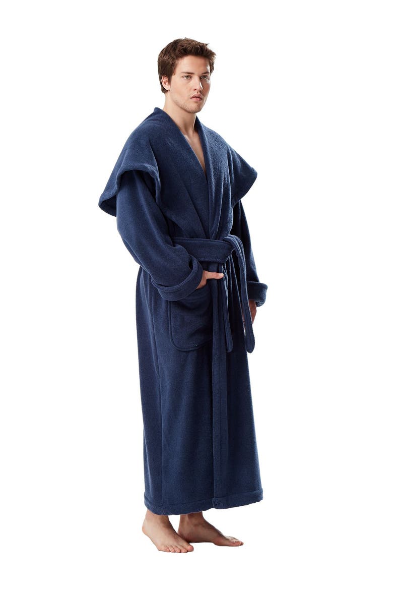 Men's Monk Style Full Length Long Terry Cotton Bathrobe, Alternate, color, Navy