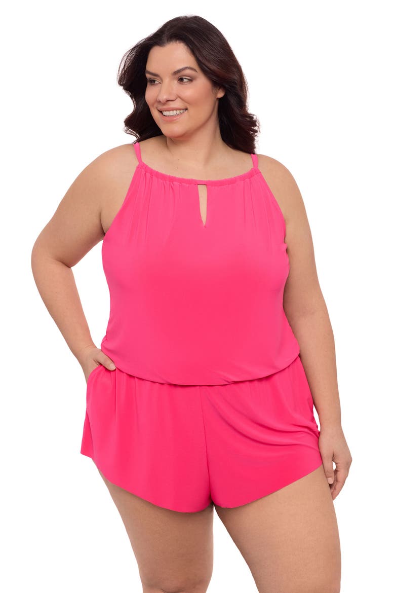 Plus Size Keyhole Blouson Slimming Swimsuit Romper with Pockets, Alternate, color, Rose Quartz