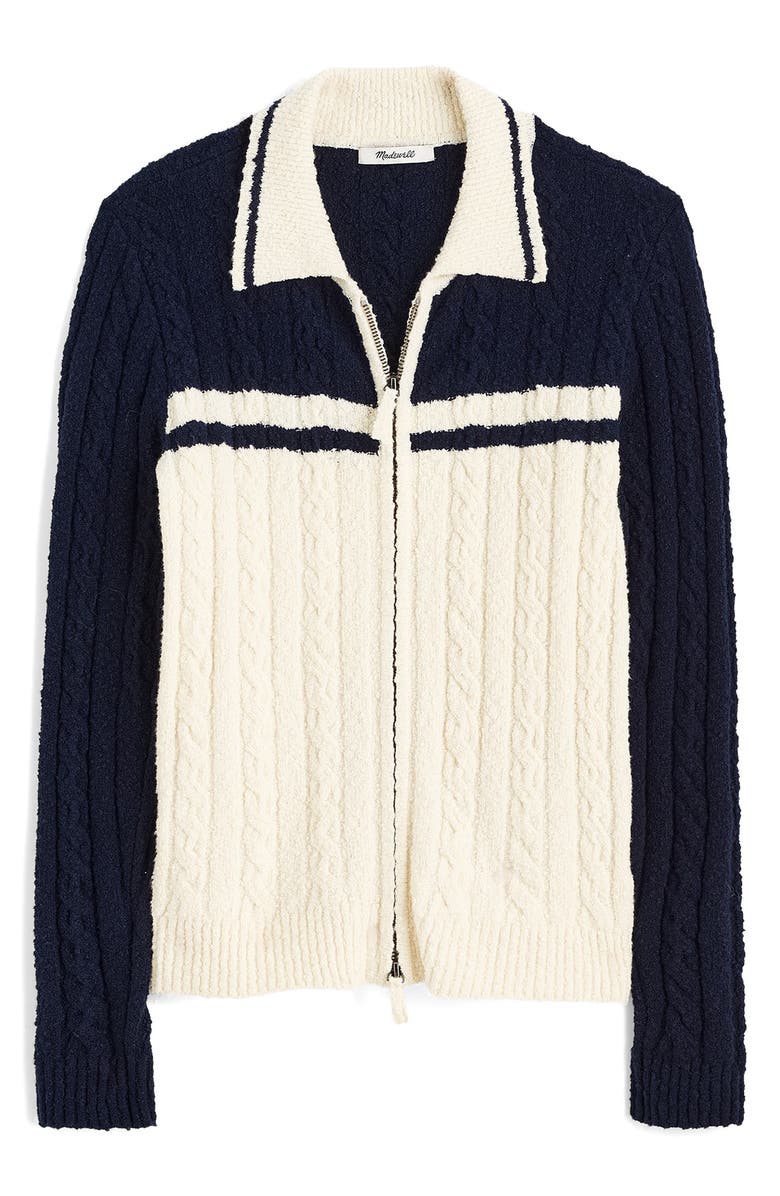 Madewell Colorblock Cable Knit Zip Cardigan, Alternate, color, Navy And Ivory Colorblock