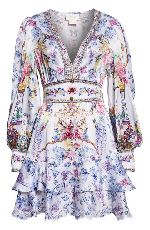 Floral Long Sleeve Silk Tiered Dress