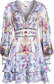 Camilla Floral Long Sleeve Silk Tiered Dress