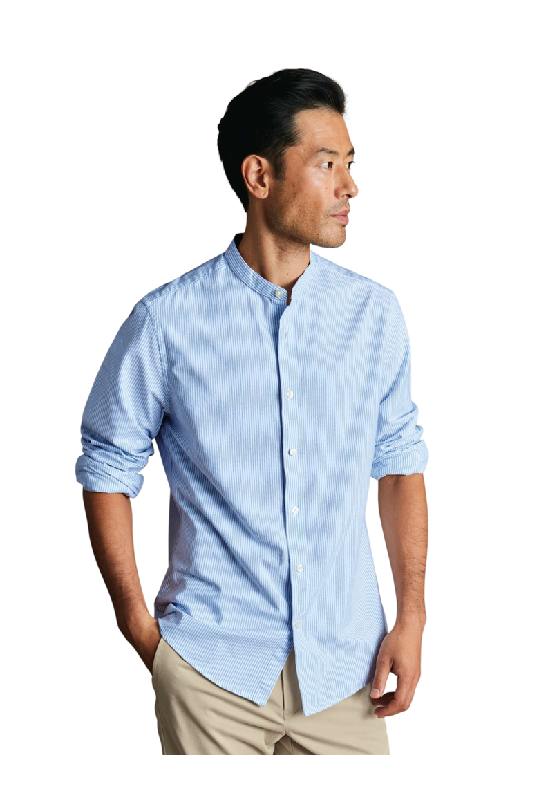 Stripe collarless shirt, Main, color, Ocean Blue