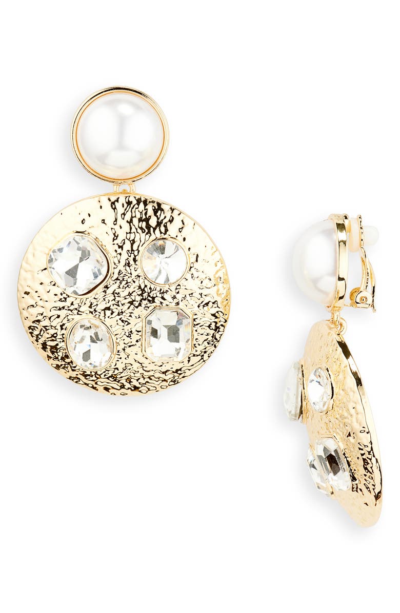 Nordstrom Faux Pearl & Crystal Medallion Drop Clip-On Earrings, Main, color, 