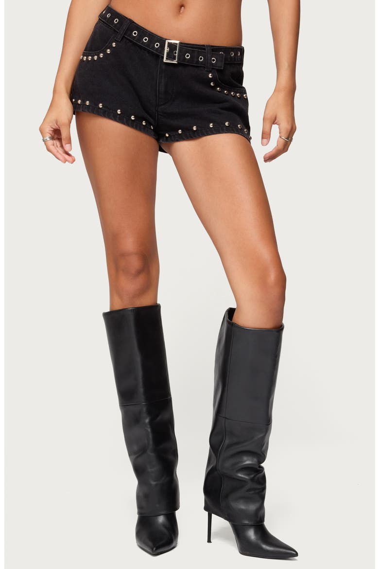 Grommet Stud Belted Shorts, Main, color, BLACK