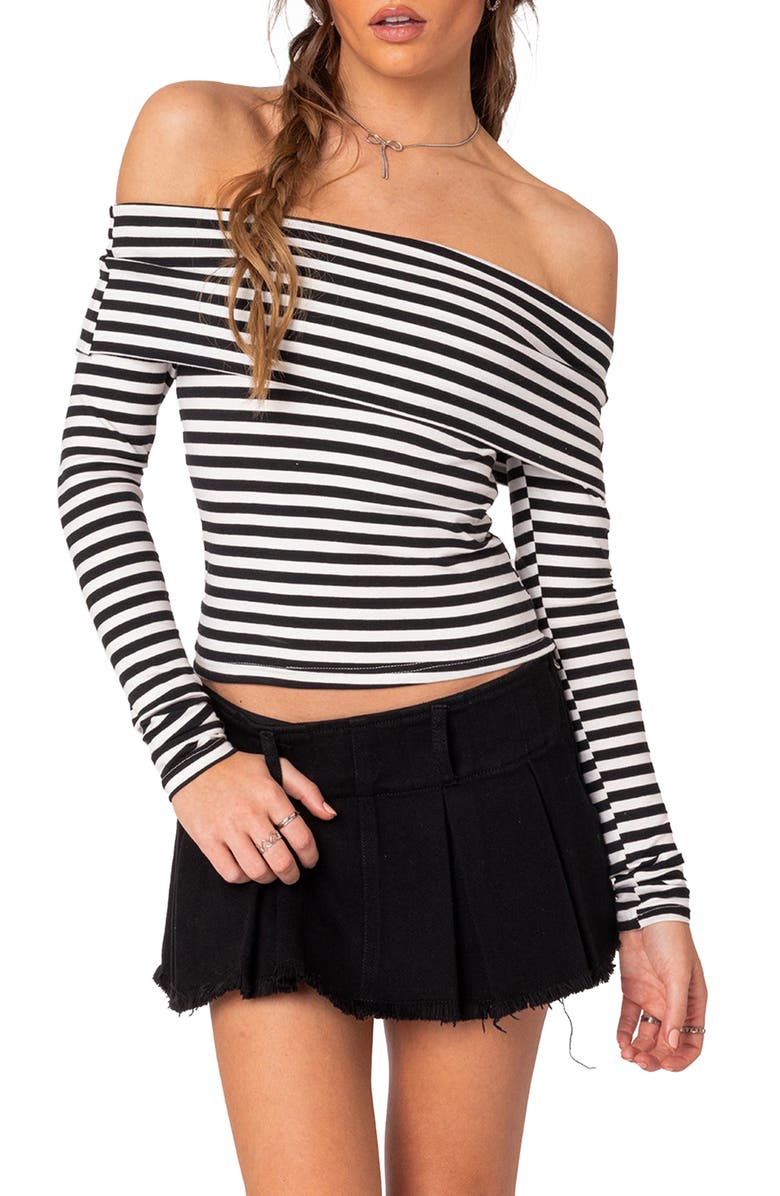 EDIKTED Stripe Foldover Off the Shoulder Crop Top, Main, color, 
