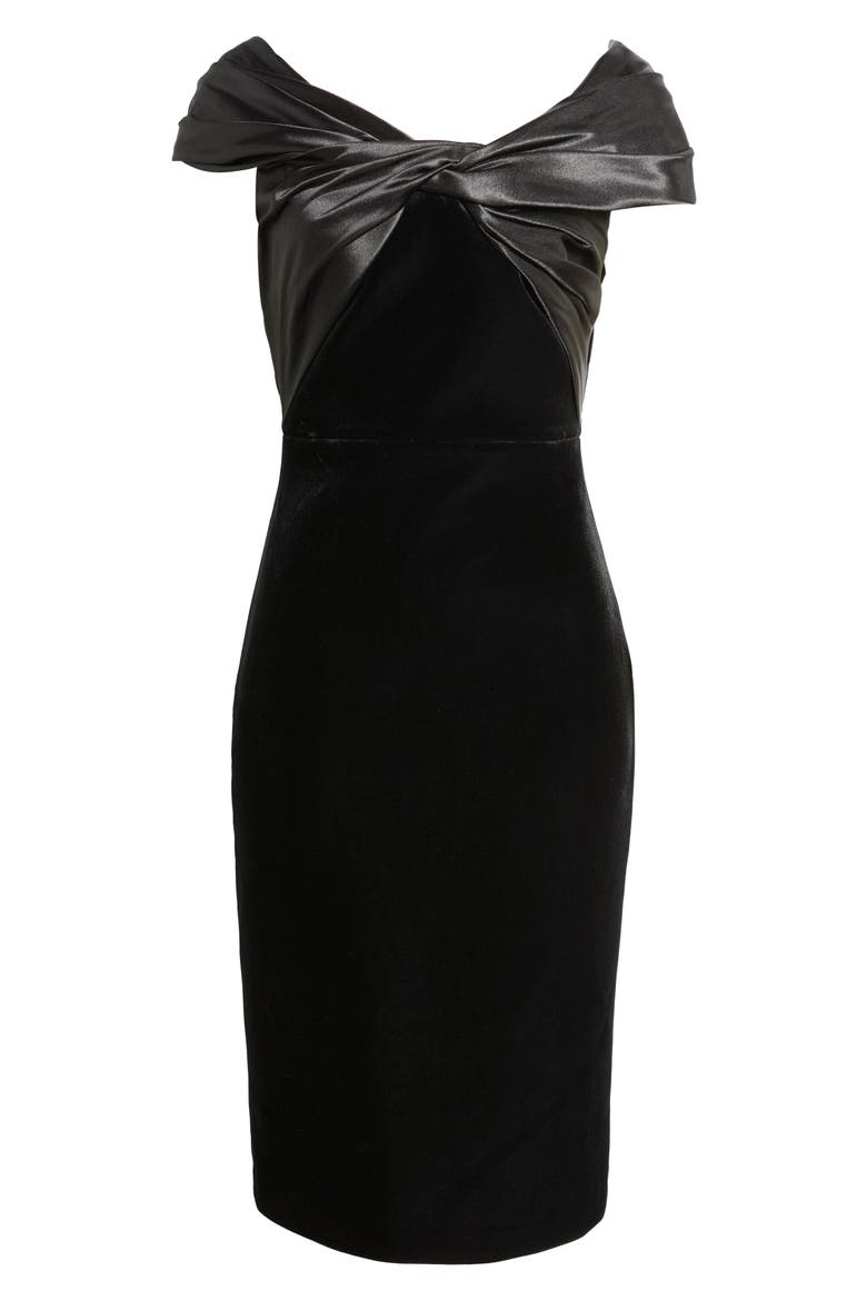 Satin Wrap Detail Velvet Sheath Dress, Alternate, color, BLACK