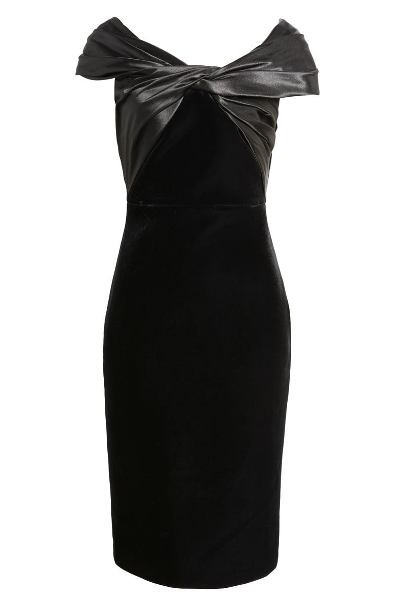 Eliza J Satin Wrap Detail Velvet Sheath Dress, Alternate, color, Black
