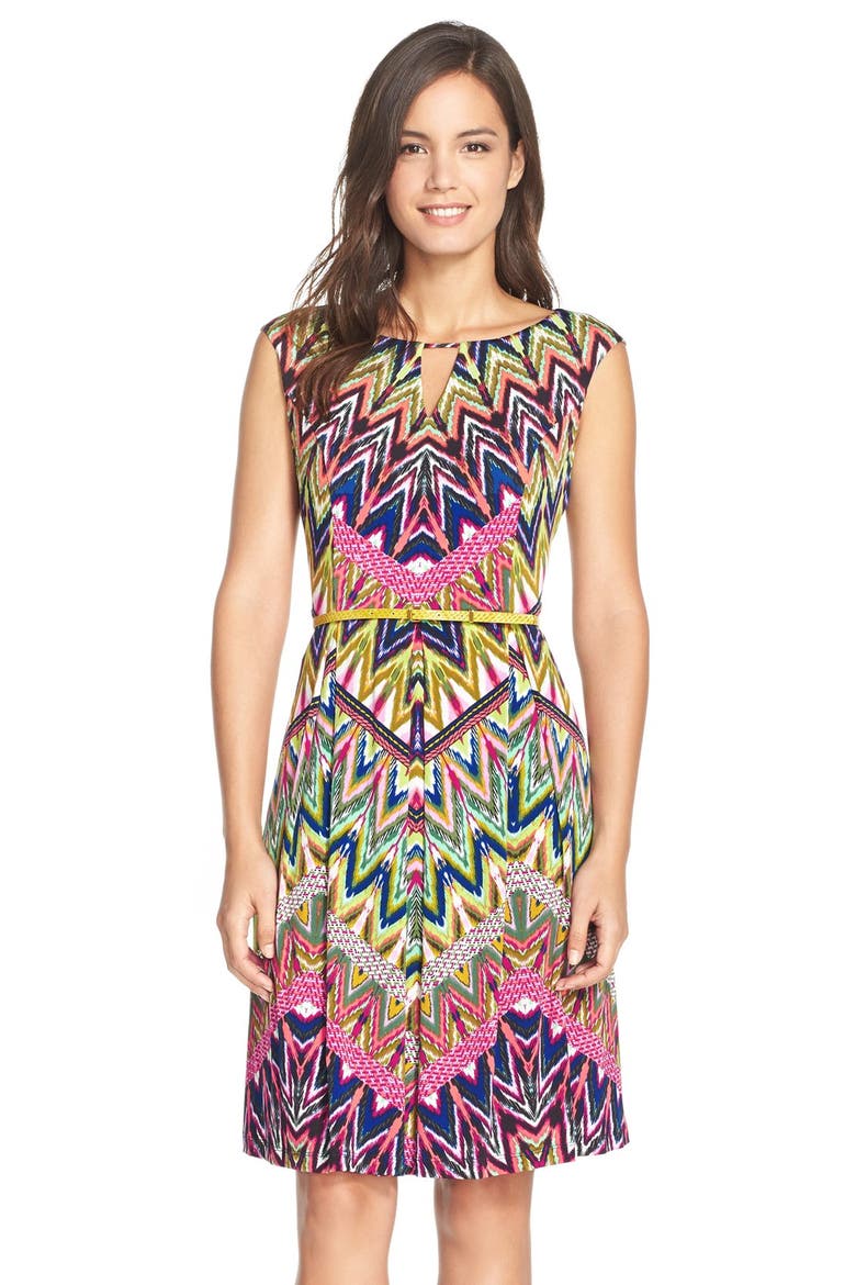 Belted Print Jersey Fit & Flare Dress, Main, color, PURPLE MULTI