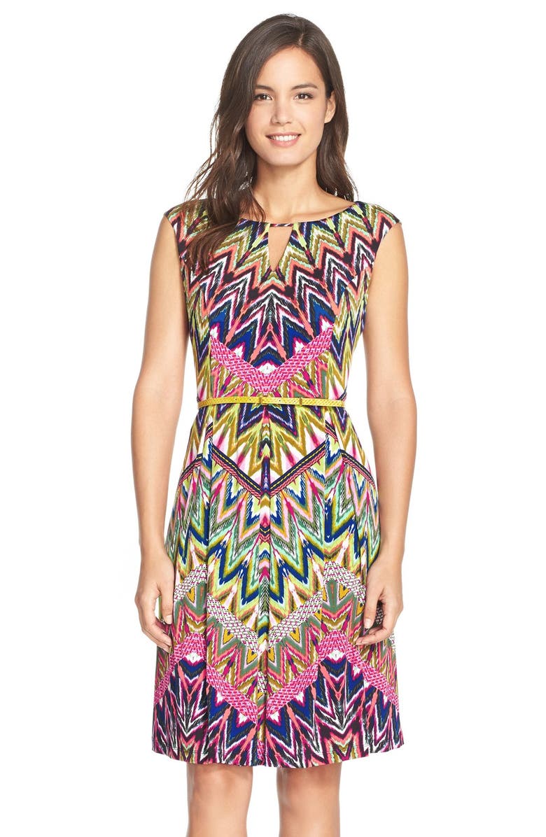 Ellen Tracy Belted Print Jersey Fit & Flare Dress, Main, color,
