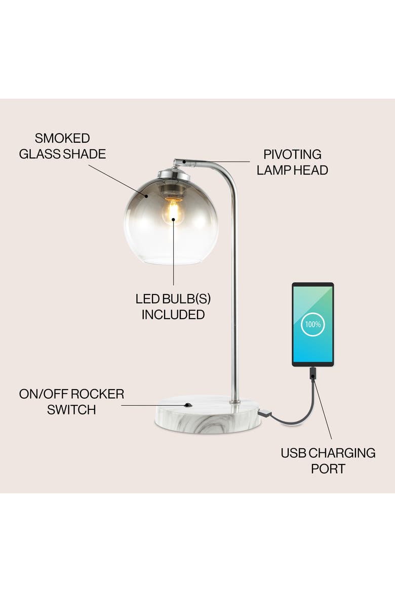 Ada 20" Industrial Contemporary Iron/Glass LED Task Lamp with USB Charging Port, Chrome/Smoke Gray, Alternate, color, Chrome