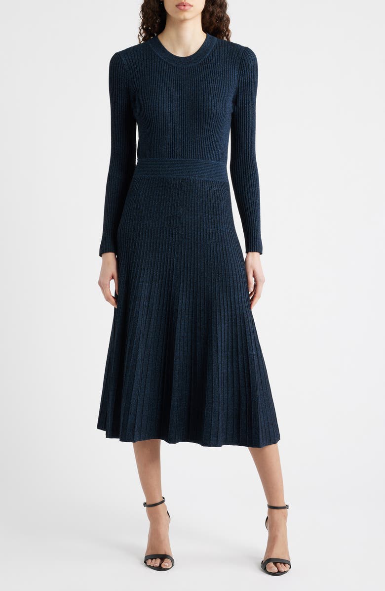 Elie Tahari The Sandra Long Sleeve Sweater Dress, Main, color, Blue Palace / Noir Marle